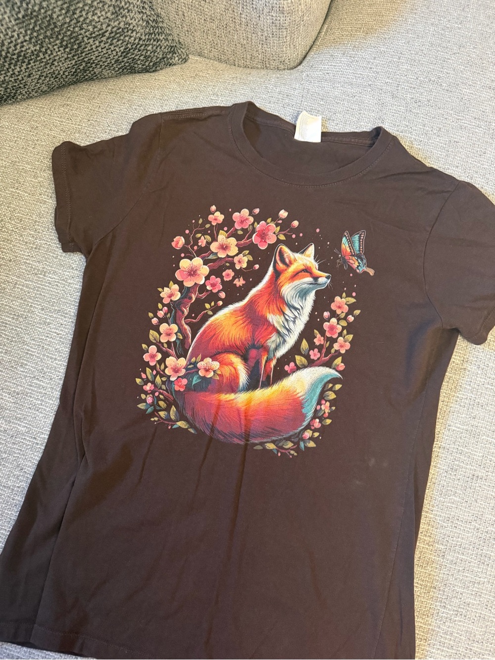 Port and Company Black Tee with Colorful Fox & Floral Graphic